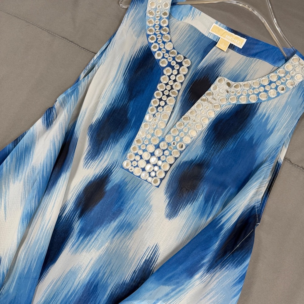 Michael Kors Blue Ikat Print Mirror Embroidered V-Neck Blouse Top Womens L NWOT